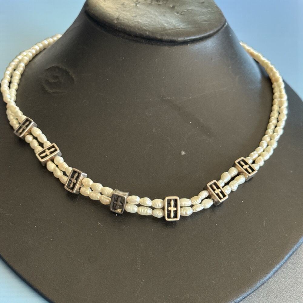 Vintage Napier Faux Pearl Necklace w/ Silver Toned Beads 17”